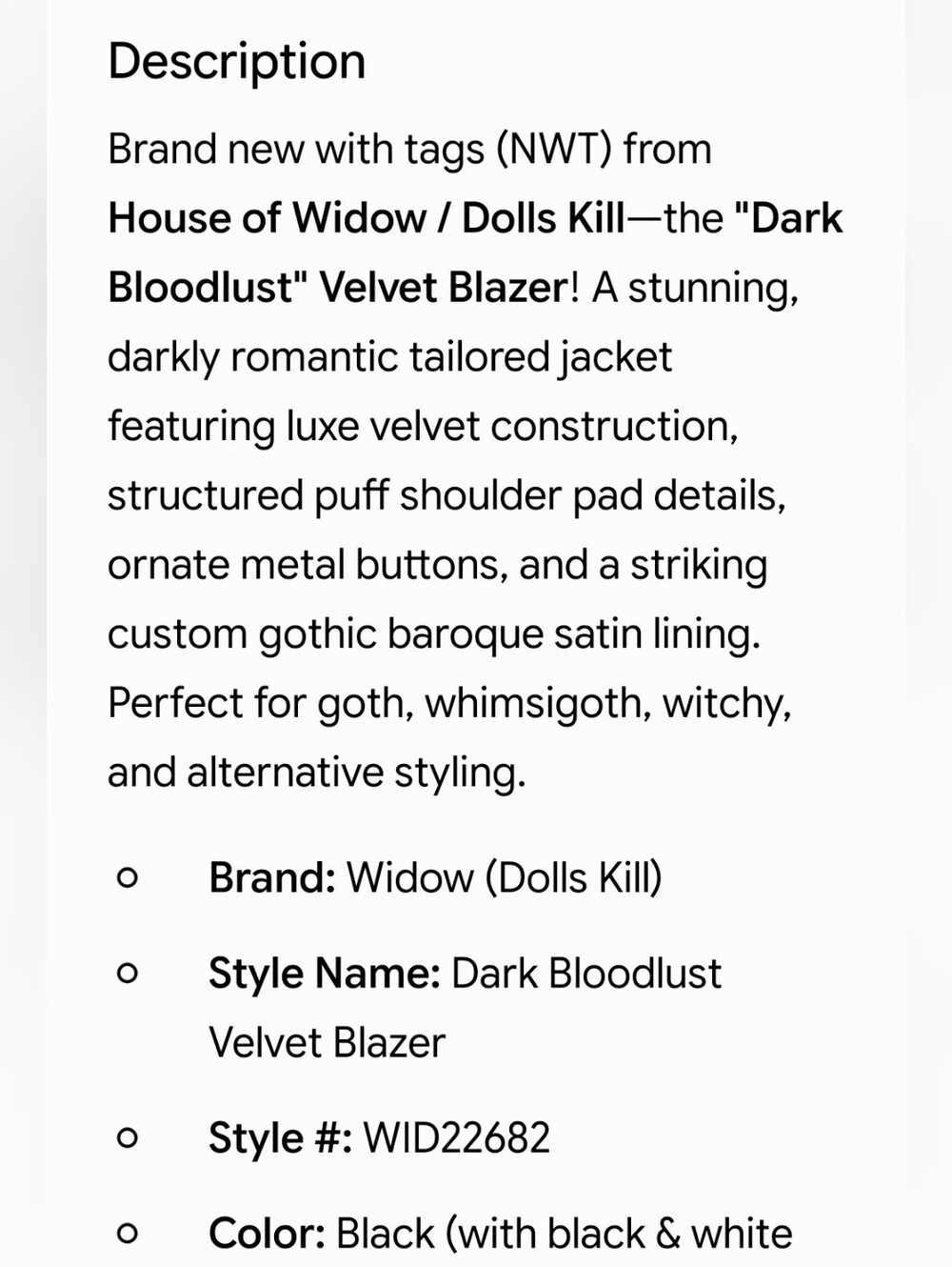 NWT Dolls Kill Widow - Dark Bloodlust Velvet Structured Blazer Jacket, Black, S - Picture 14 of 16